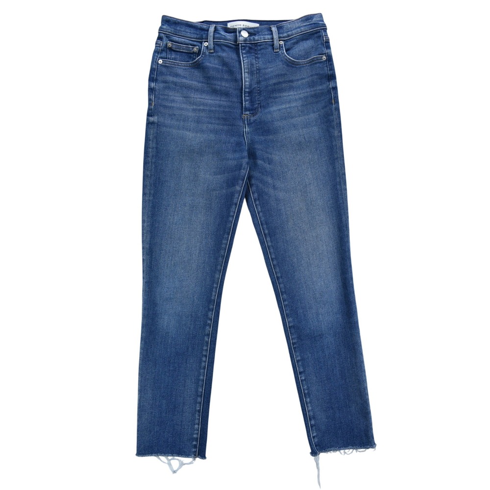Denim Forum High Waisted Straight Leg Jeans Medium Wash Raw Hem Stretch Size 25